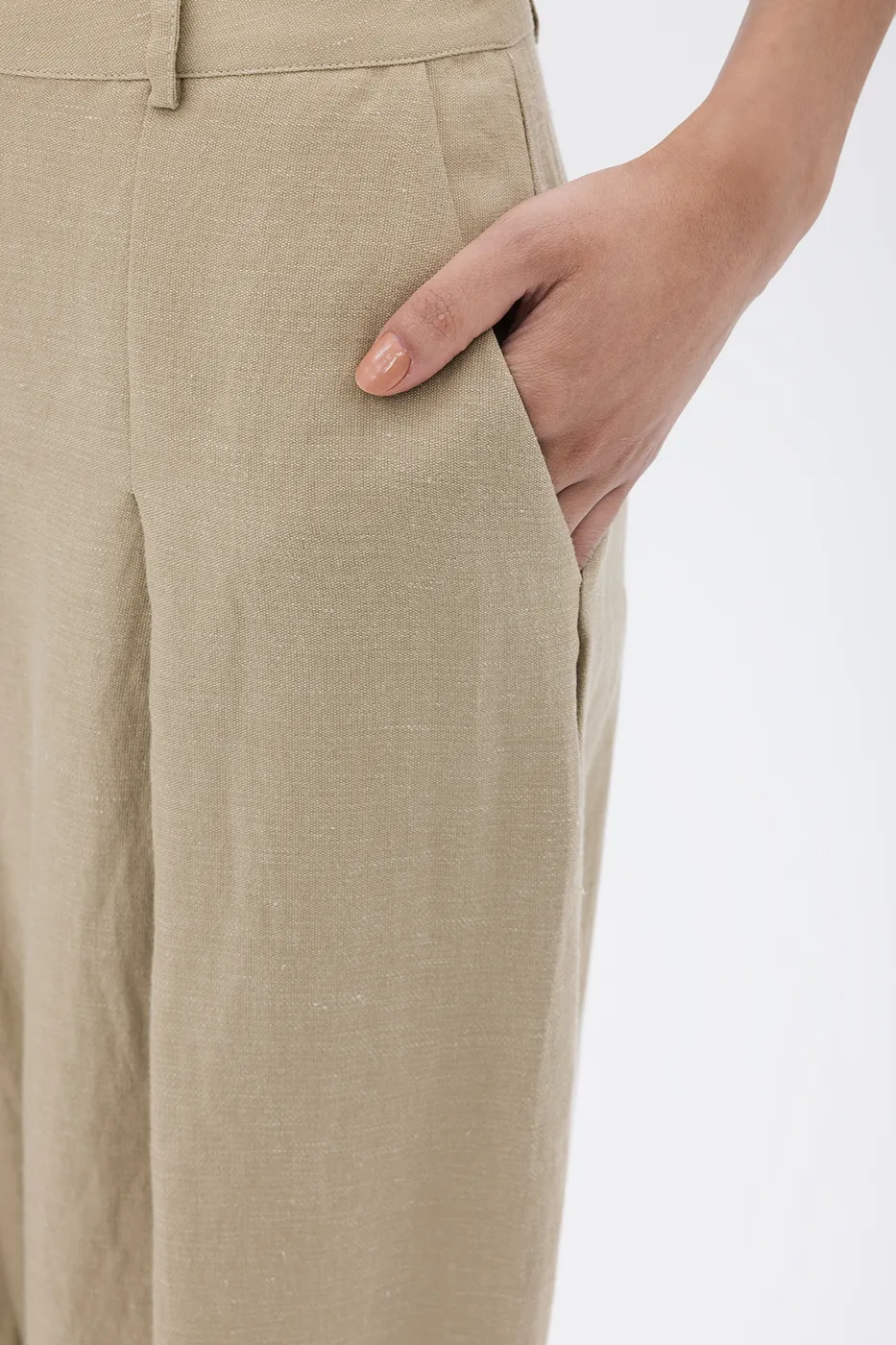 Bayan Yeşil Pileli Keten Karışım  Balon  Pantolon