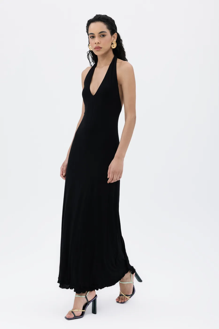 Bayan Siyah Sırt Dekolteli Tencel  Midi Elbise