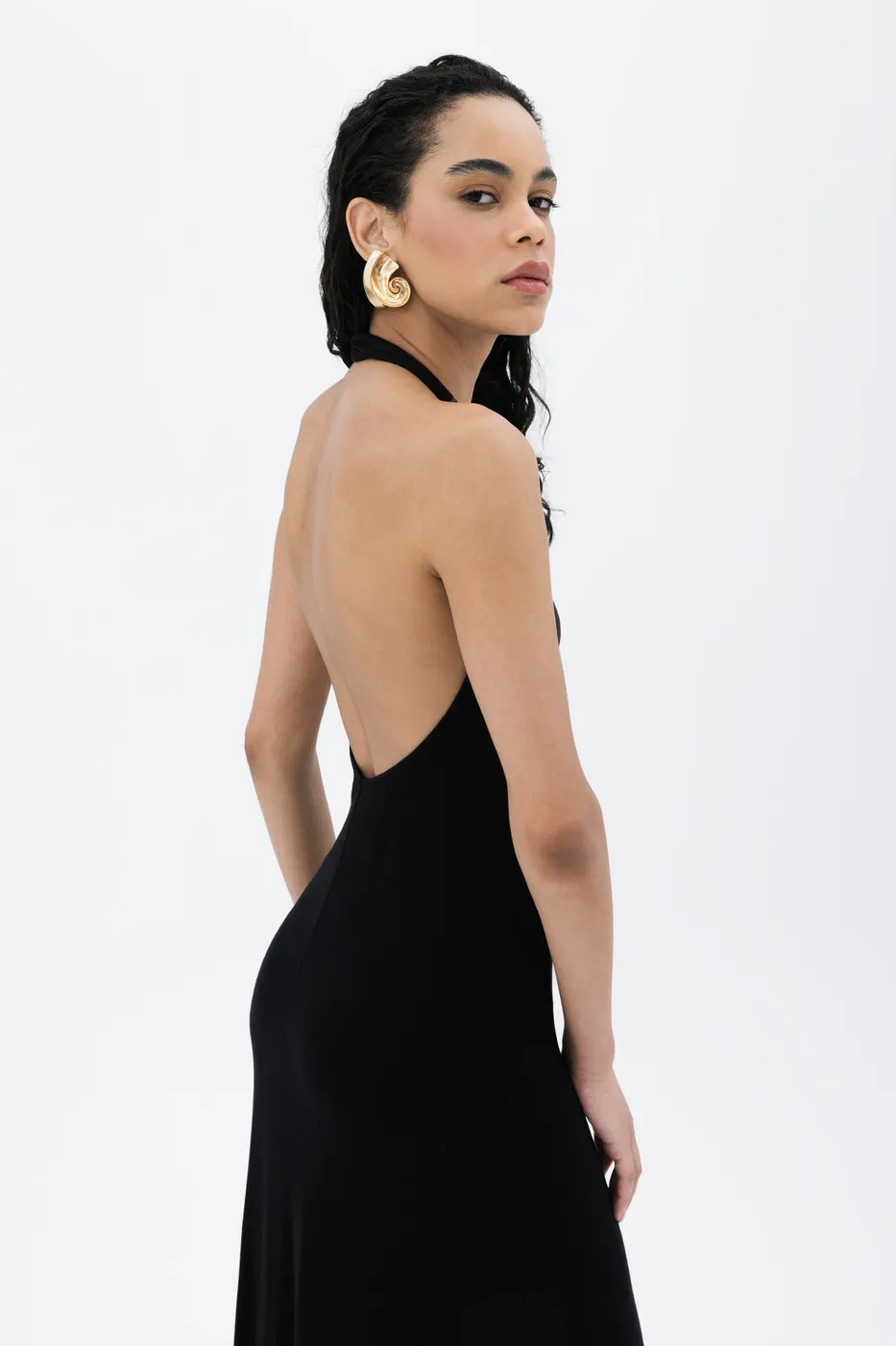 Bayan Siyah Sırt Dekolteli Tencel  Midi Elbise