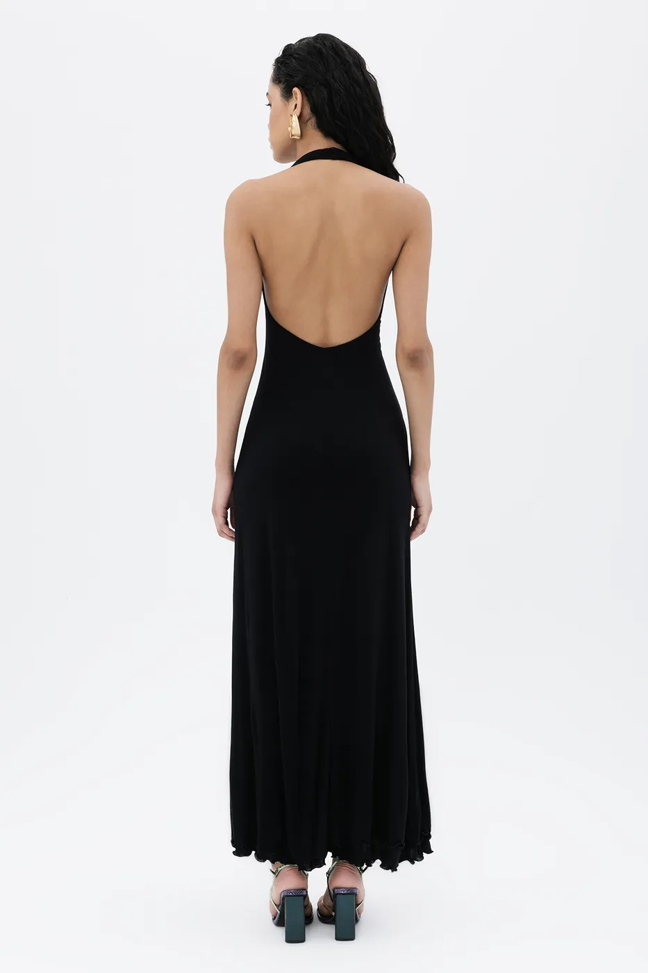 Bayan Siyah Sırt Dekolteli Tencel  Midi Elbise