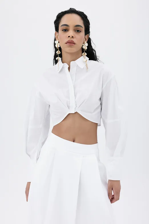 Bayan Beyaz Crop  Poplin Gömlek - BSL