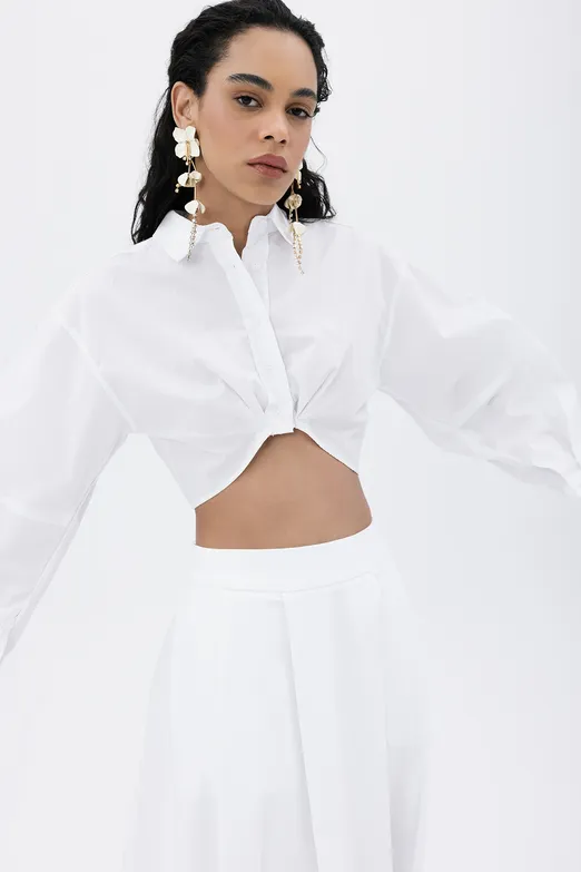 Bayan Beyaz Crop  Poplin Gömlek - BSL