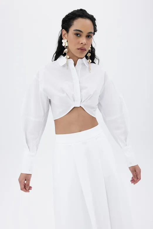 Bayan Beyaz Crop  Poplin Gömlek - BSL