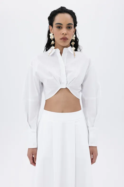 Bayan Beyaz Crop  Poplin Gömlek - BSL