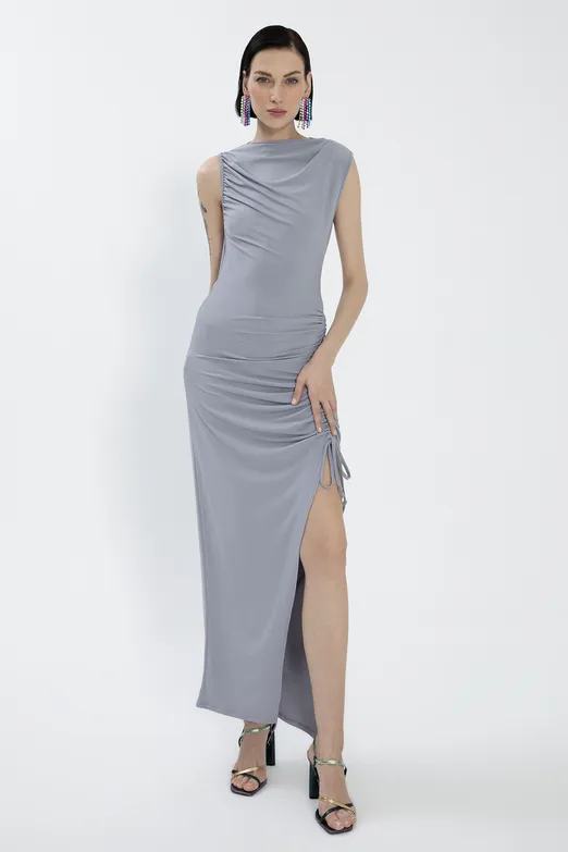 Bayan Gri Derin Yırtmaçlı Midi Kalem elbise - BSL