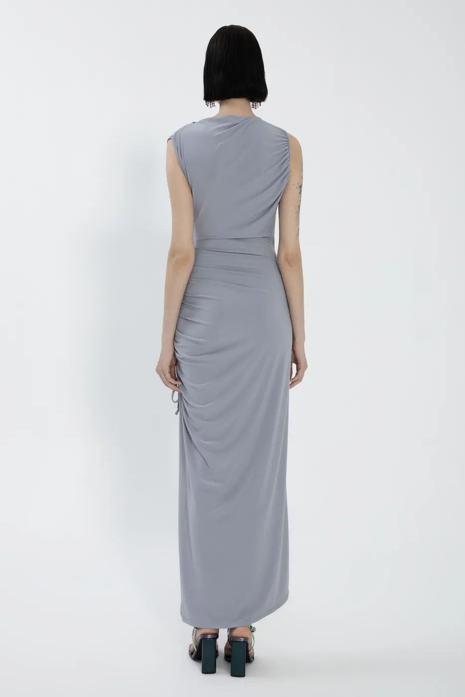 Bayan Gri Derin Yırtmaçlı Midi Kalem elbise