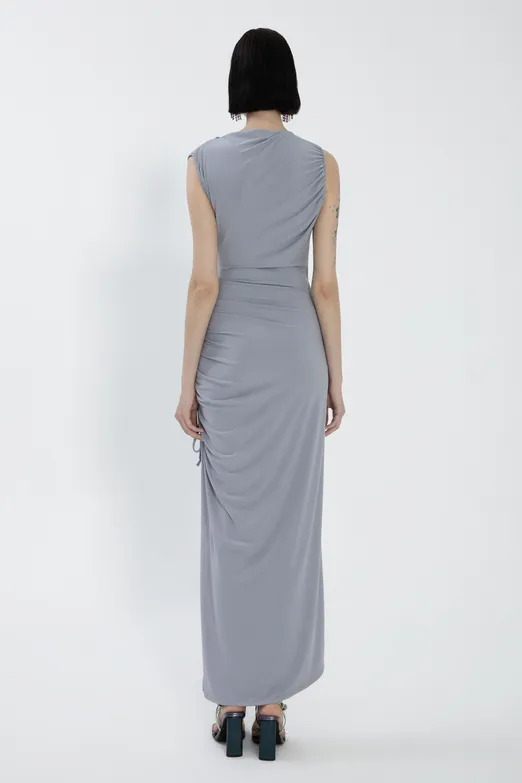 Bayan Gri Derin Yırtmaçlı Midi Kalem elbise - BSL