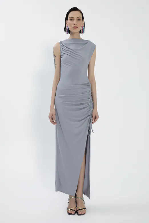 Bayan Gri Derin Yırtmaçlı Midi Kalem elbise - BSL