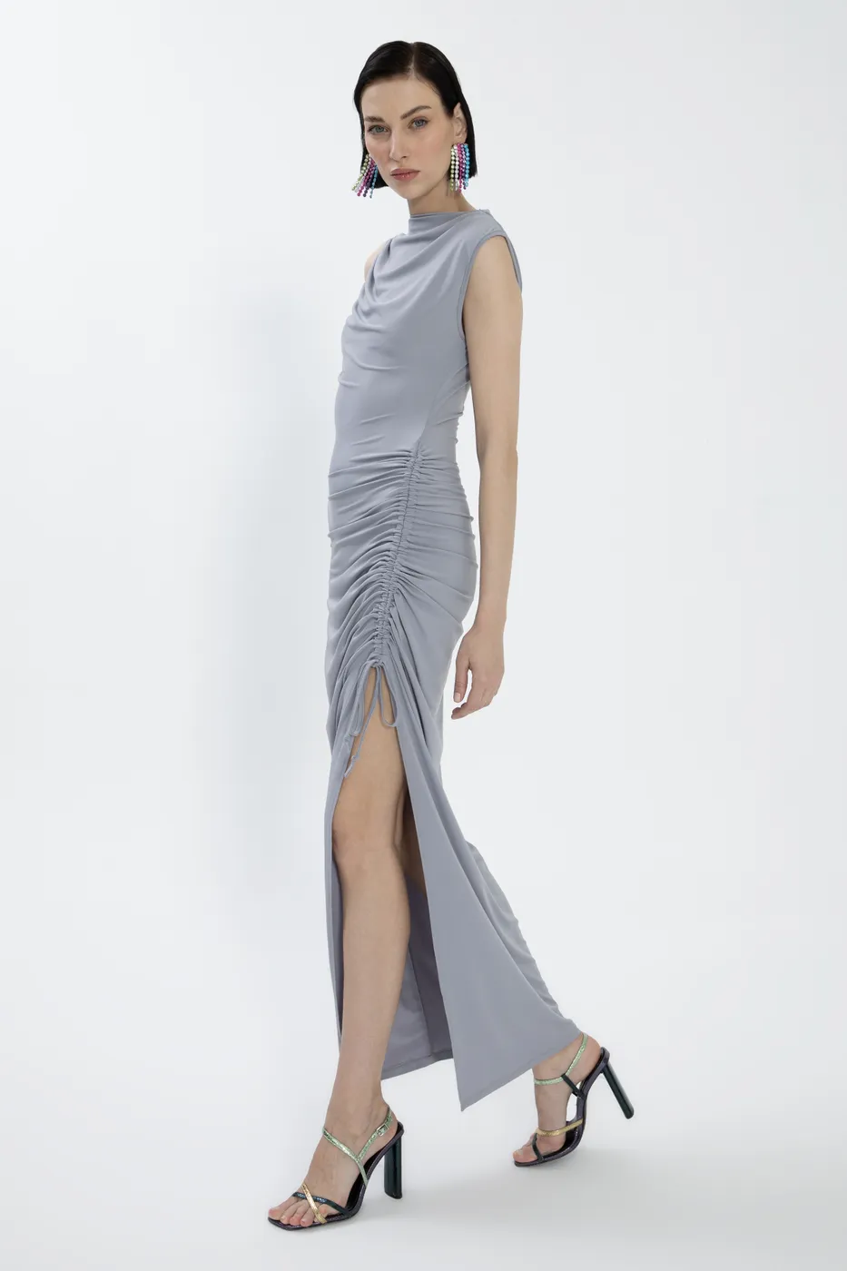 Bayan Gri Derin Yırtmaçlı Midi Kalem elbise