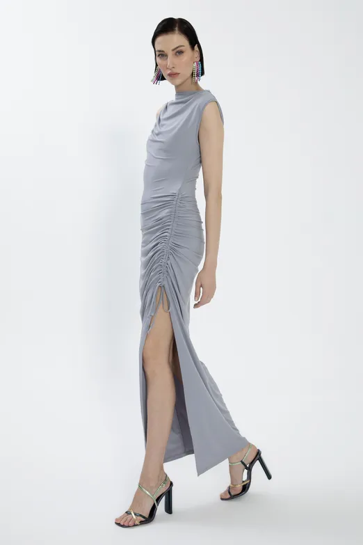 Bayan Gri Derin Yırtmaçlı Midi Kalem elbise - BSL