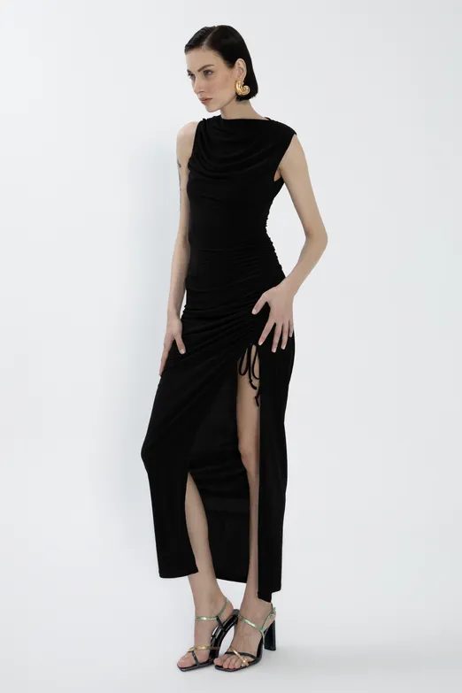 Bayan Siyah Derin Yırtmaçlı Midi Kalem elbise - BSL