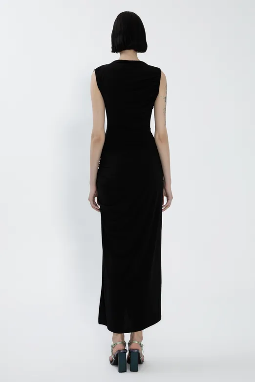 Bayan Siyah Derin Yırtmaçlı Midi Kalem elbise - BSL