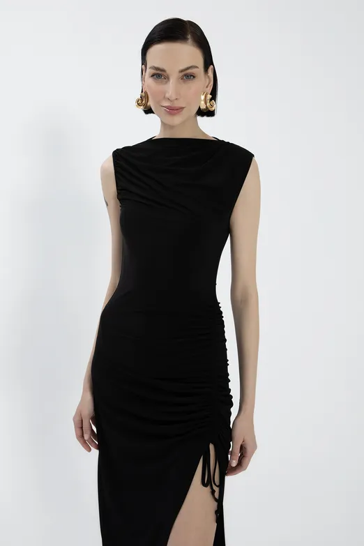 Bayan Siyah Derin Yırtmaçlı Midi Kalem elbise - BSL