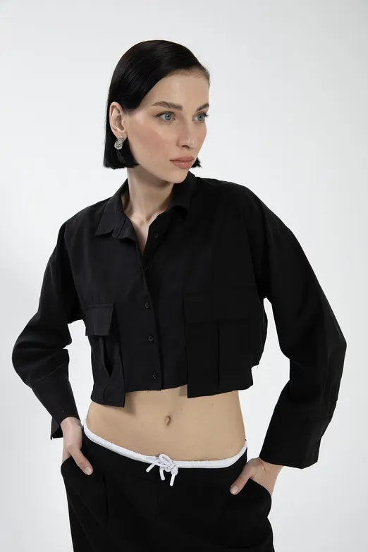 Bayan Siyah Tencel Keten Karışımlı Crop Gömlek - BSL