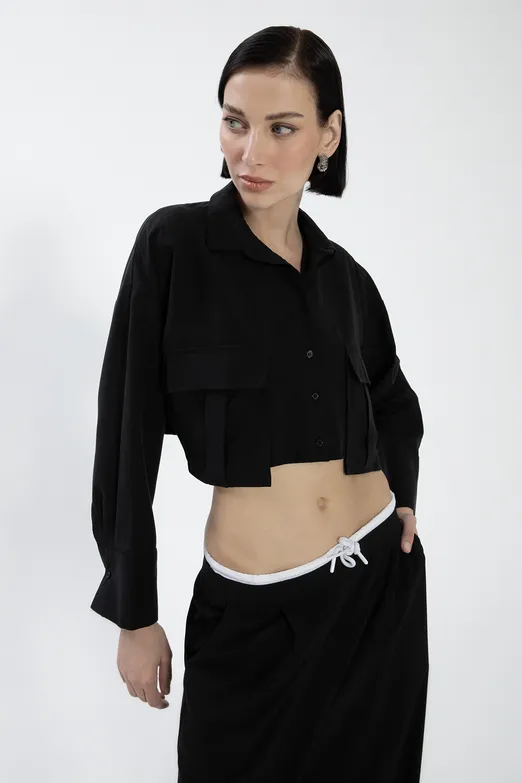 Bayan Siyah Tencel Keten Karışımlı Crop Gömlek - BSL