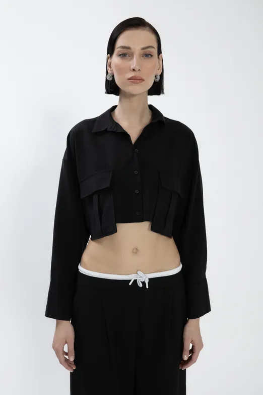 Bayan Siyah Tencel Keten Karışımlı Crop Gömlek - BSL