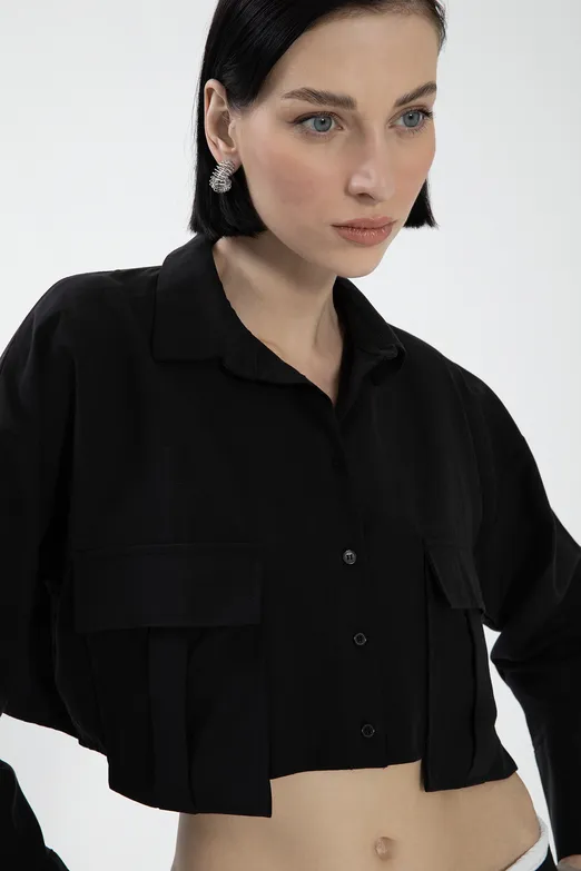 Bayan Siyah Tencel Keten Karışımlı Crop Gömlek - BSL