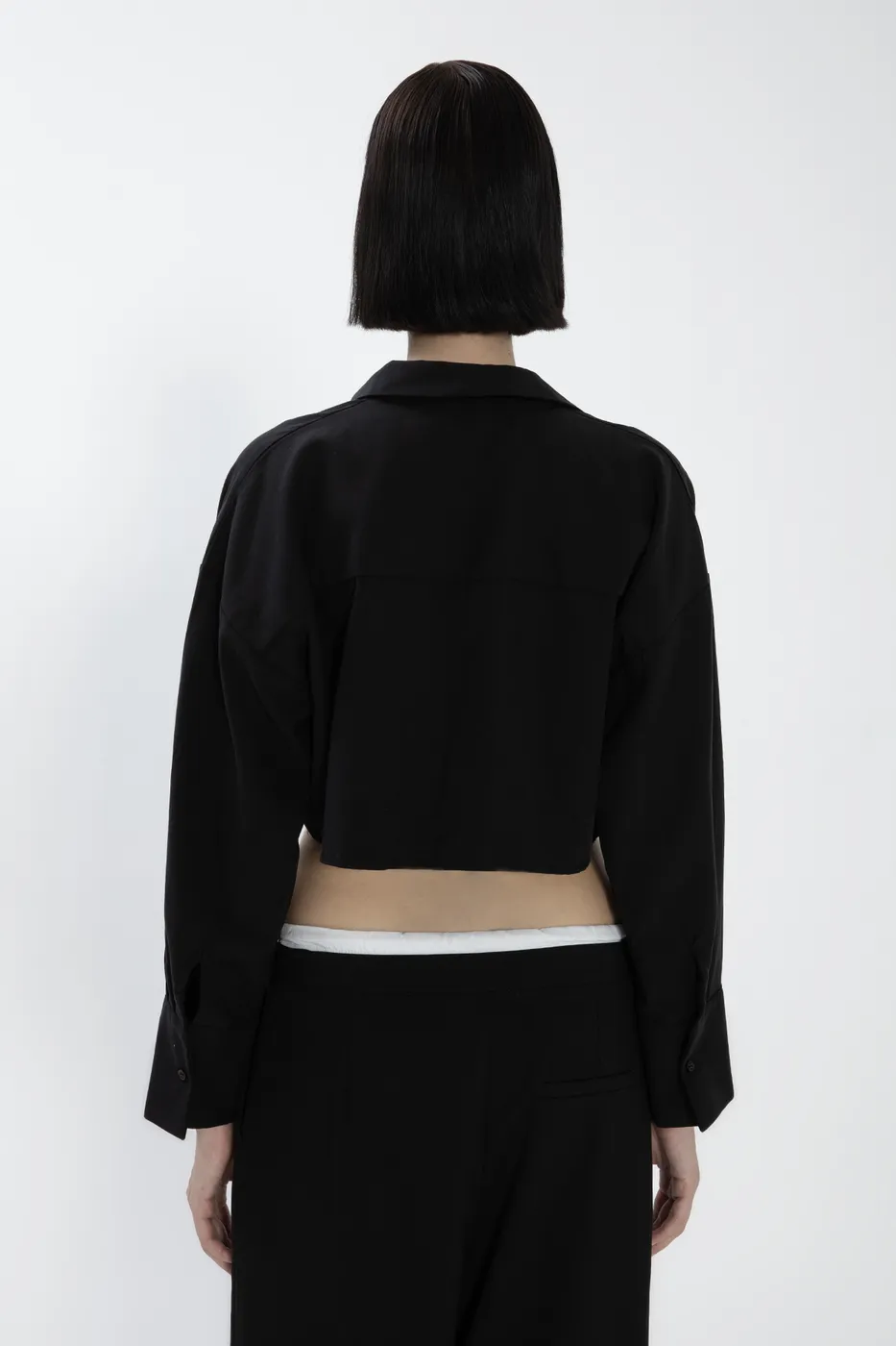 Bayan Siyah Tencel Keten Karışımlı Crop Gömlek