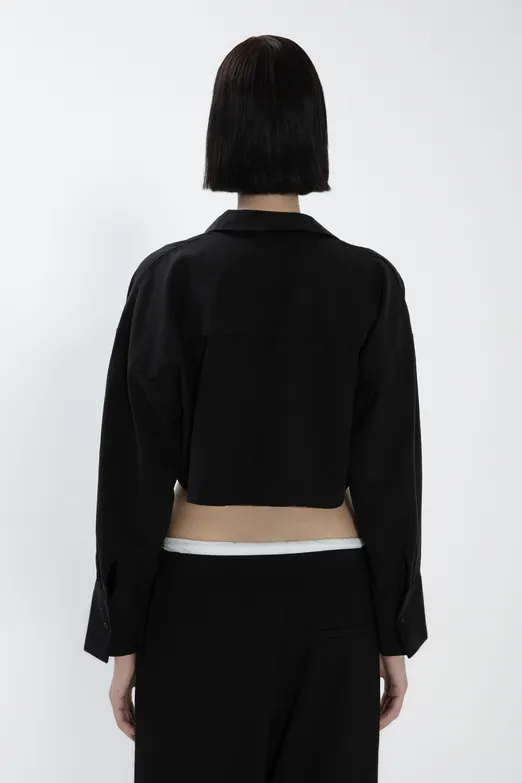 Bayan Siyah Tencel Keten Karışımlı Crop Gömlek - BSL