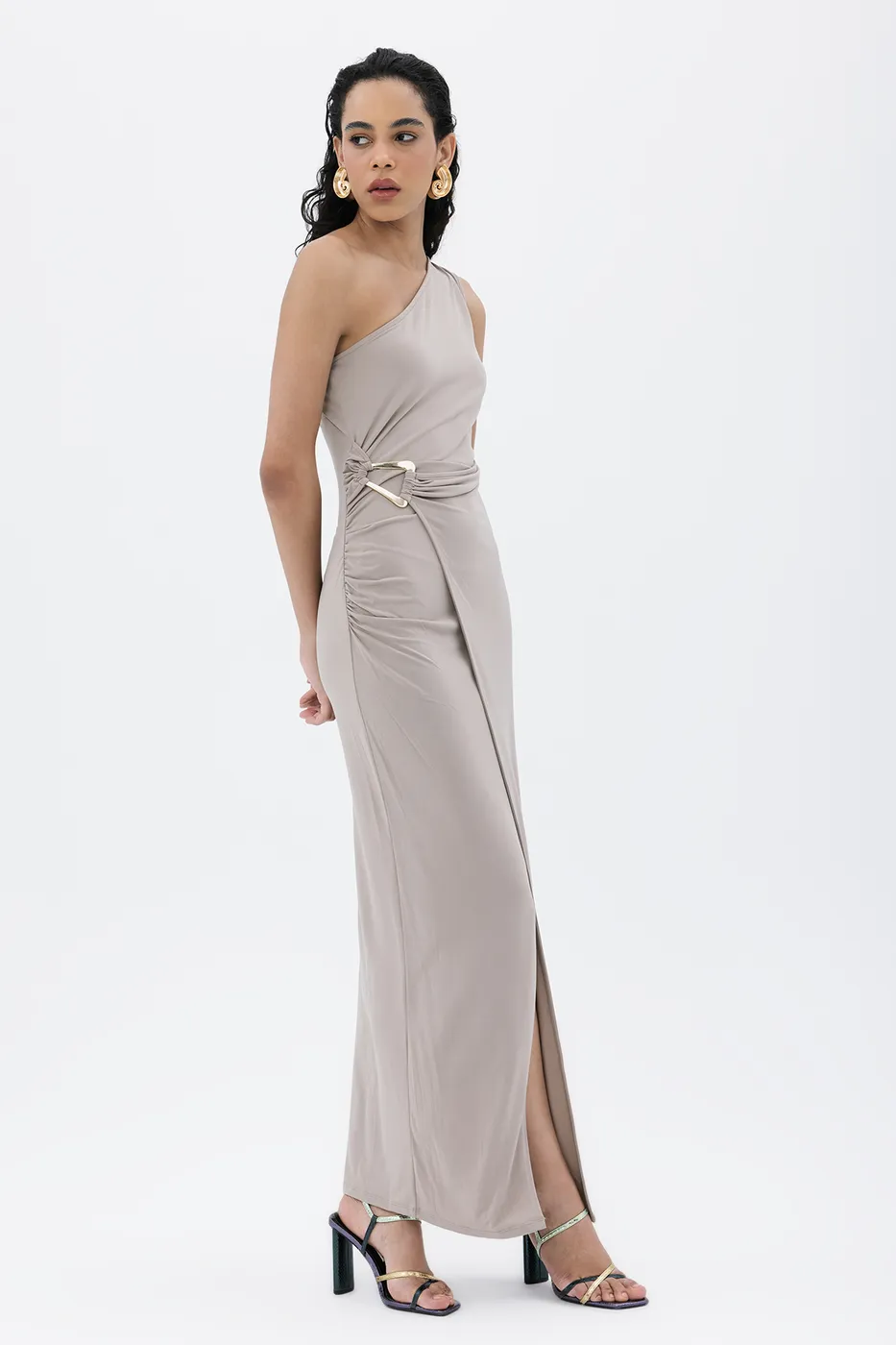 Bayan Vizon Tek Omuzlu Maksi Elbise