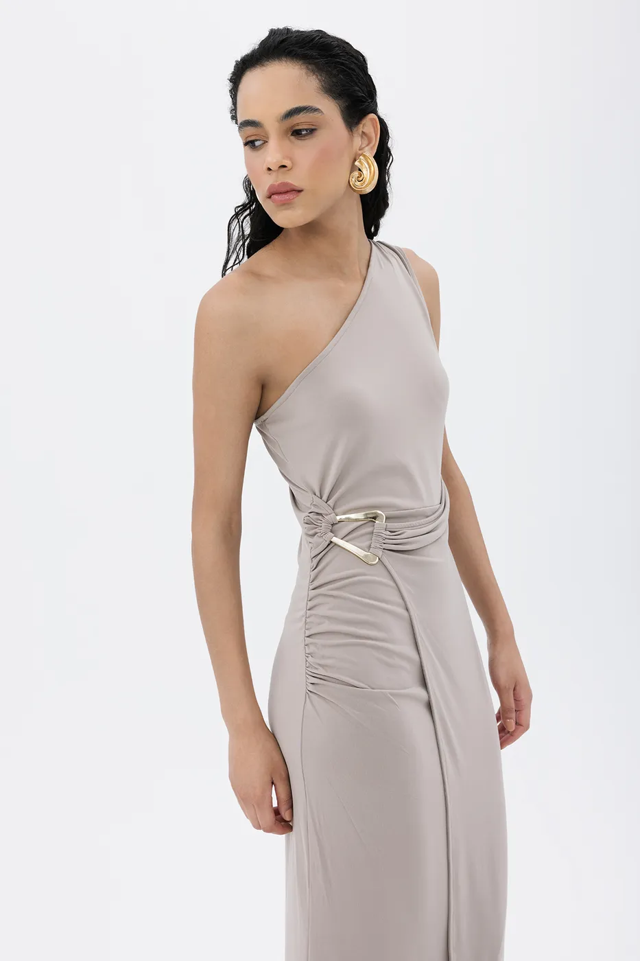 Bayan Vizon Tek Omuzlu Maksi Elbise