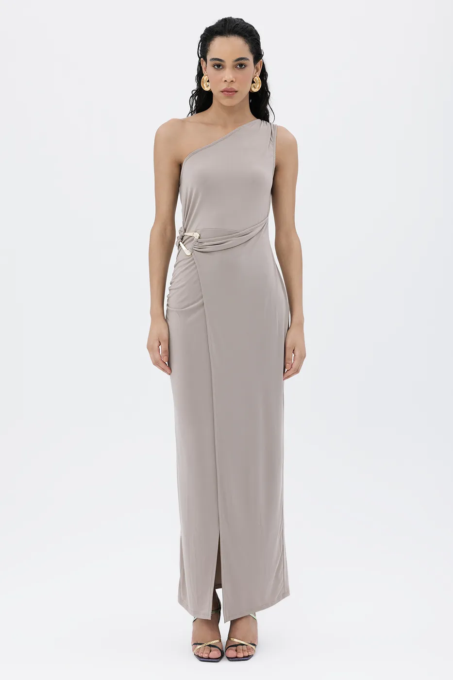 Bayan Vizon Tek Omuzlu Maksi Elbise