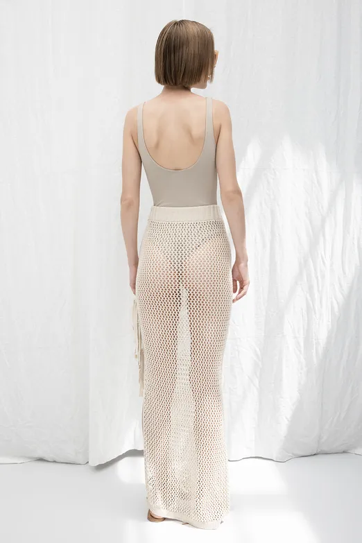 Bayan Bej Örgü Derin Yırmaçlı Maksi Etek - BSL