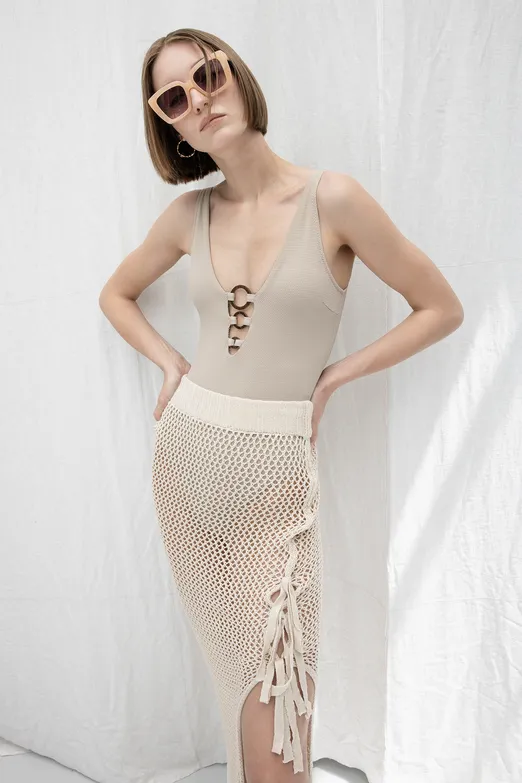 Bayan Bej Örgü Derin Yırmaçlı Maksi Etek - BSL