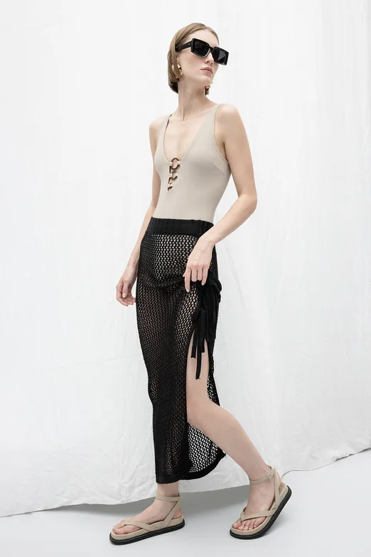 Bayan Siyah Örgü Derin Yırmaçlı Maksi Etek - BSL