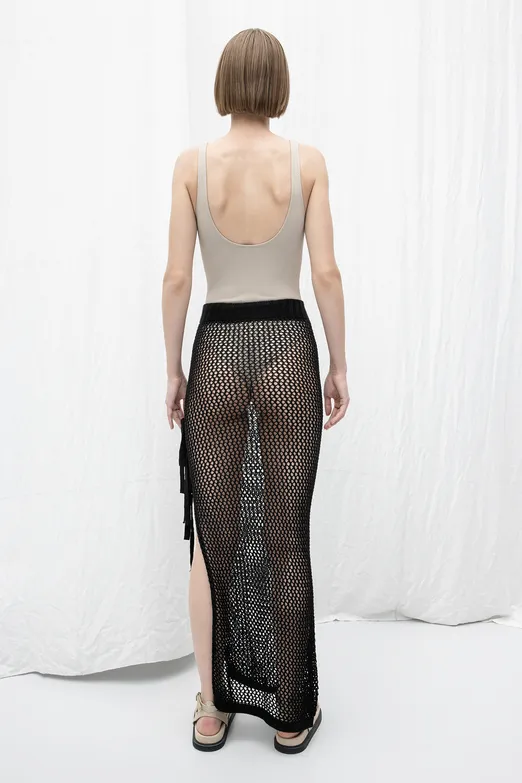 Bayan Siyah Örgü Derin Yırmaçlı Maksi Etek - BSL