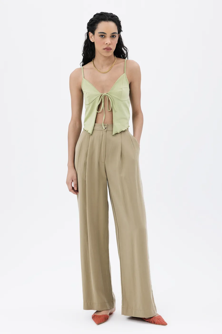 Bayan Yeşil Tencel  Palazzo Dökümlü Pantolon