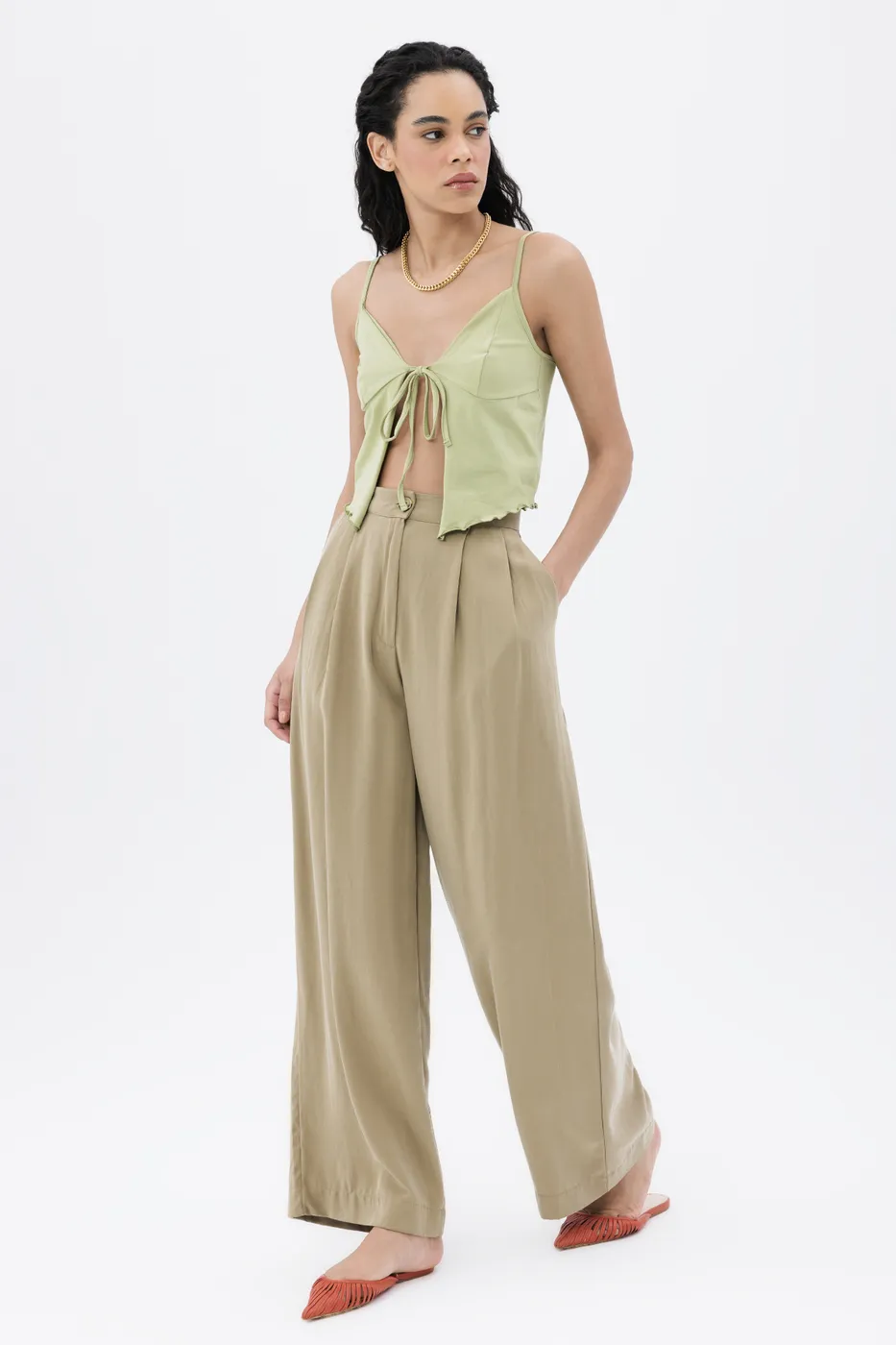 Bayan Yeşil Tencel  Palazzo Dökümlü Pantolon