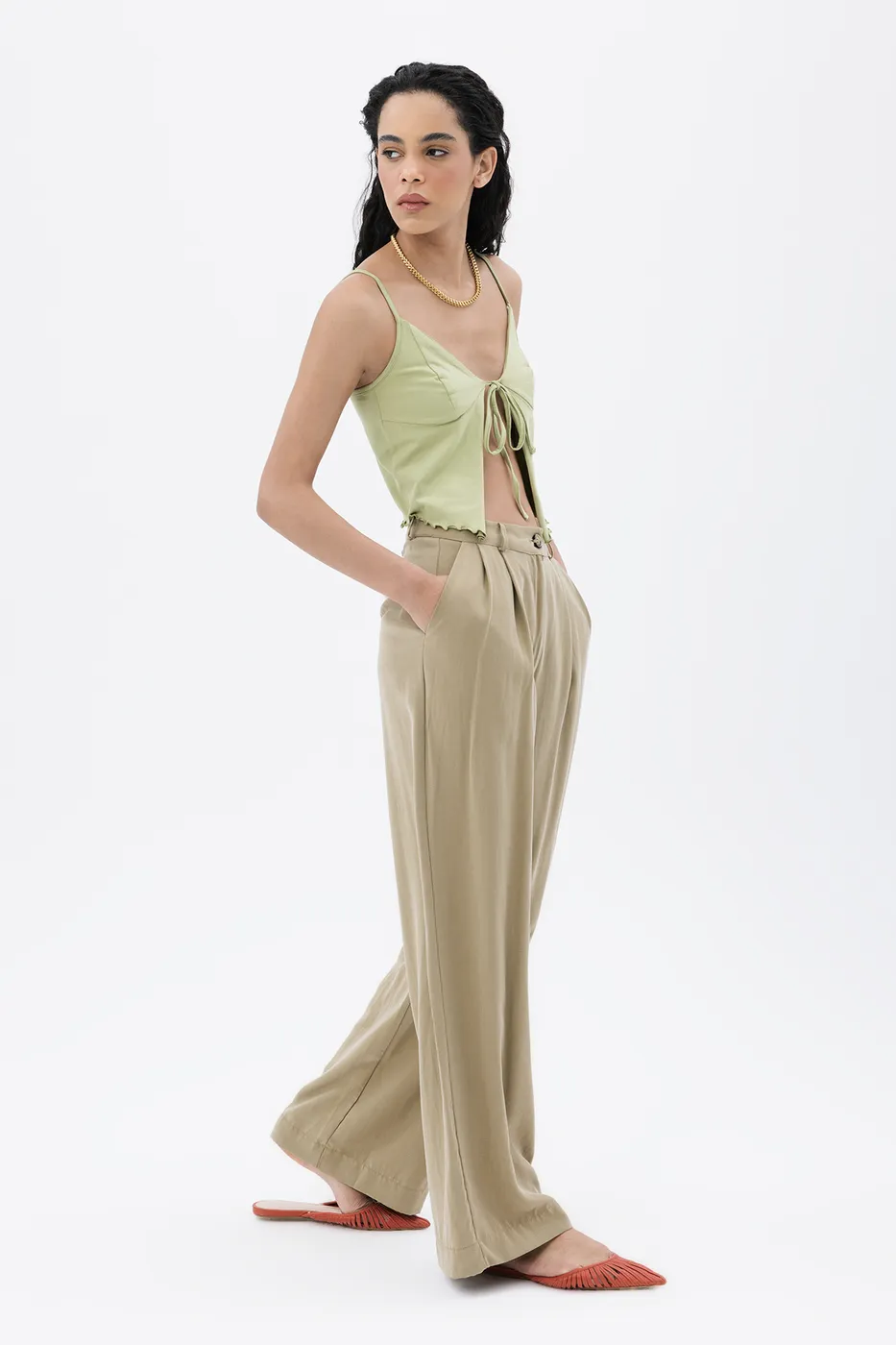 Bayan Yeşil Tencel  Palazzo Dökümlü Pantolon