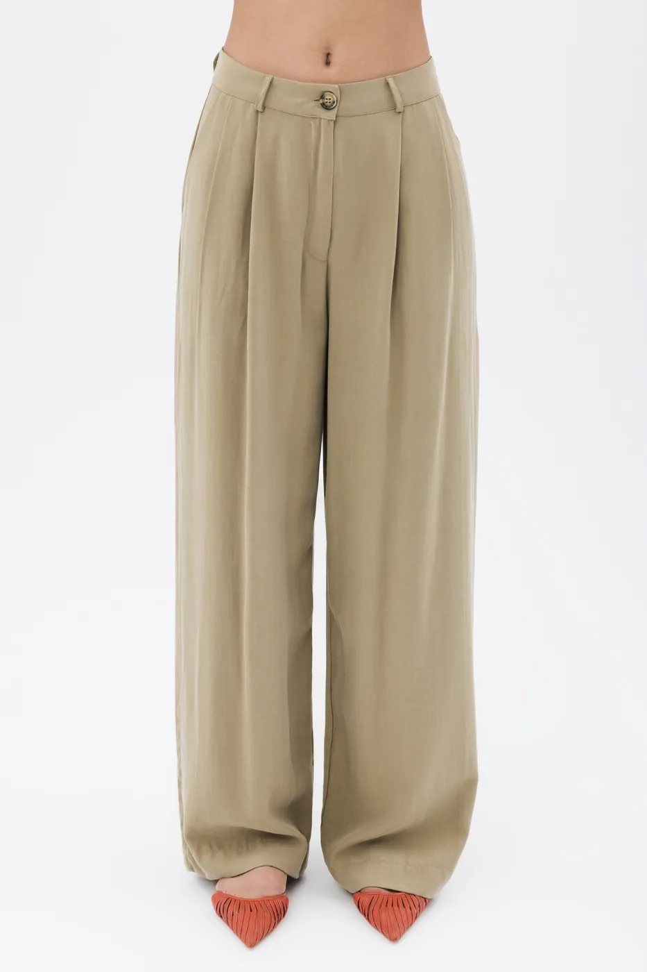 Bayan Yeşil Tencel  Palazzo Dökümlü Pantolon