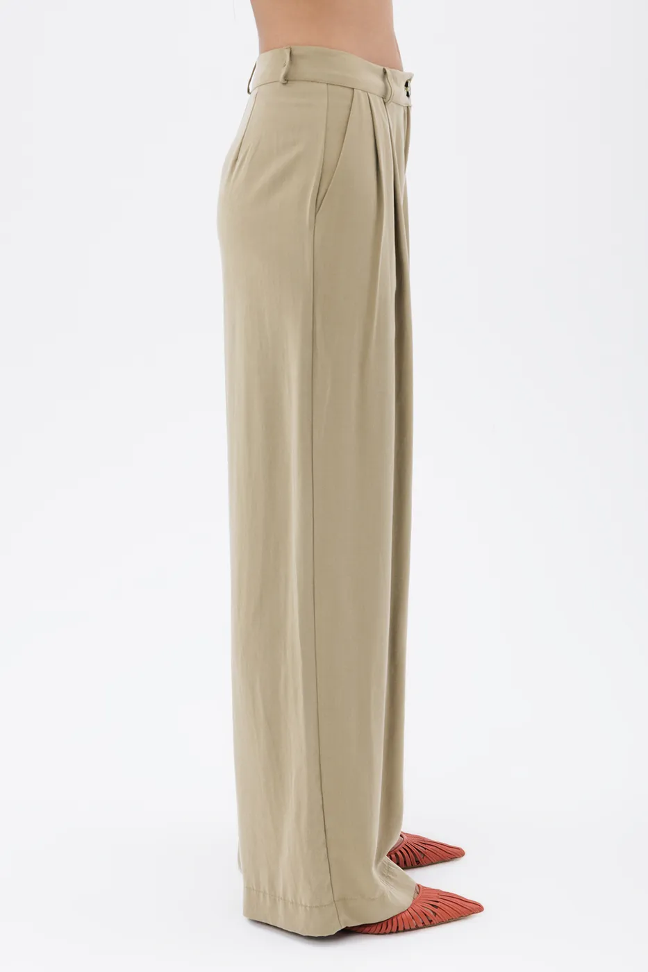 Bayan Yeşil Tencel  Palazzo Dökümlü Pantolon