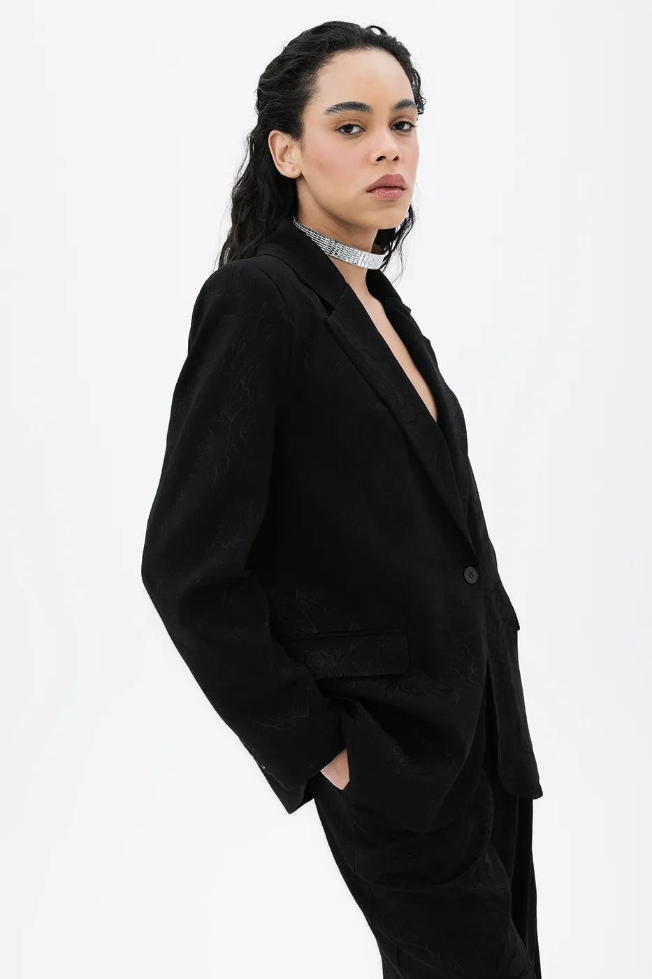 Bayan Siyah Saten Blazer Ceket