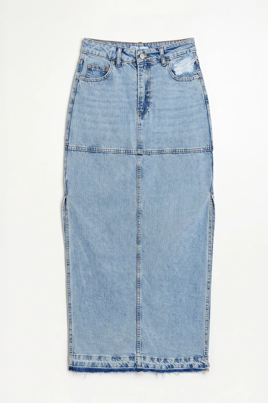 Bayan Mavi Yırtmaçlı Yüksek Bel Denim Etek