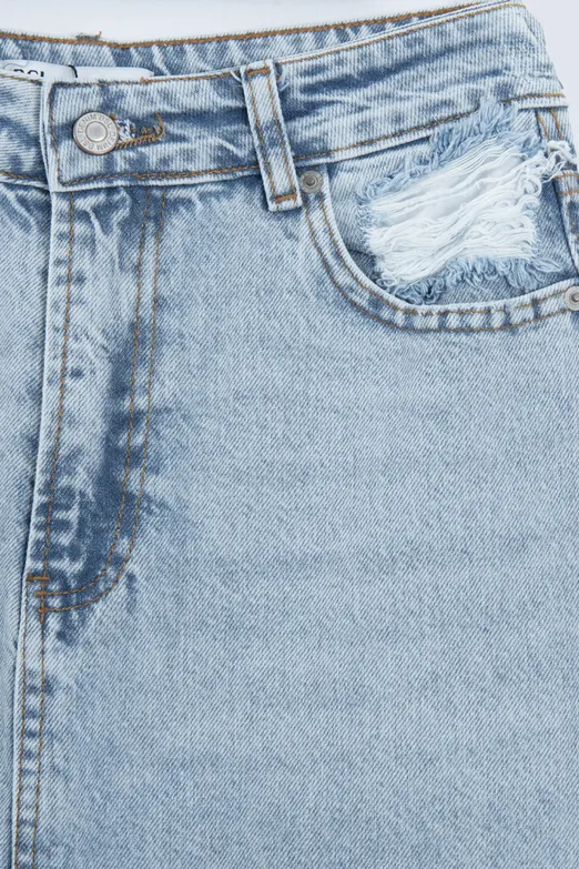 Bayan Mavi Yırtmaçlı Yüksek Bel Denim Etek - BSL