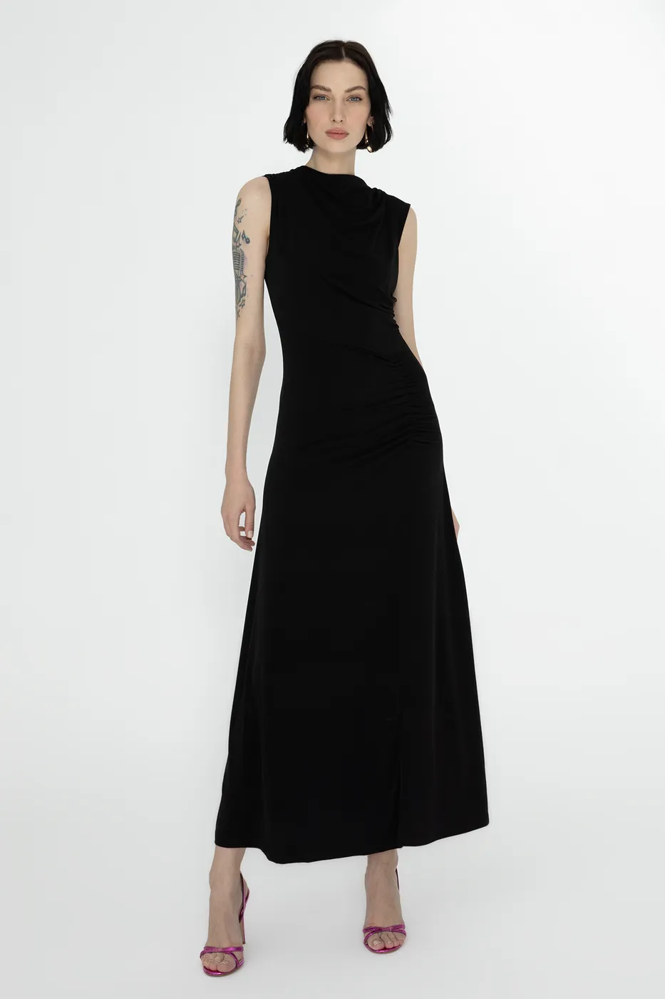 Bayan Siyah Dik Yaka Degaje Yakalı  Midi Elbise