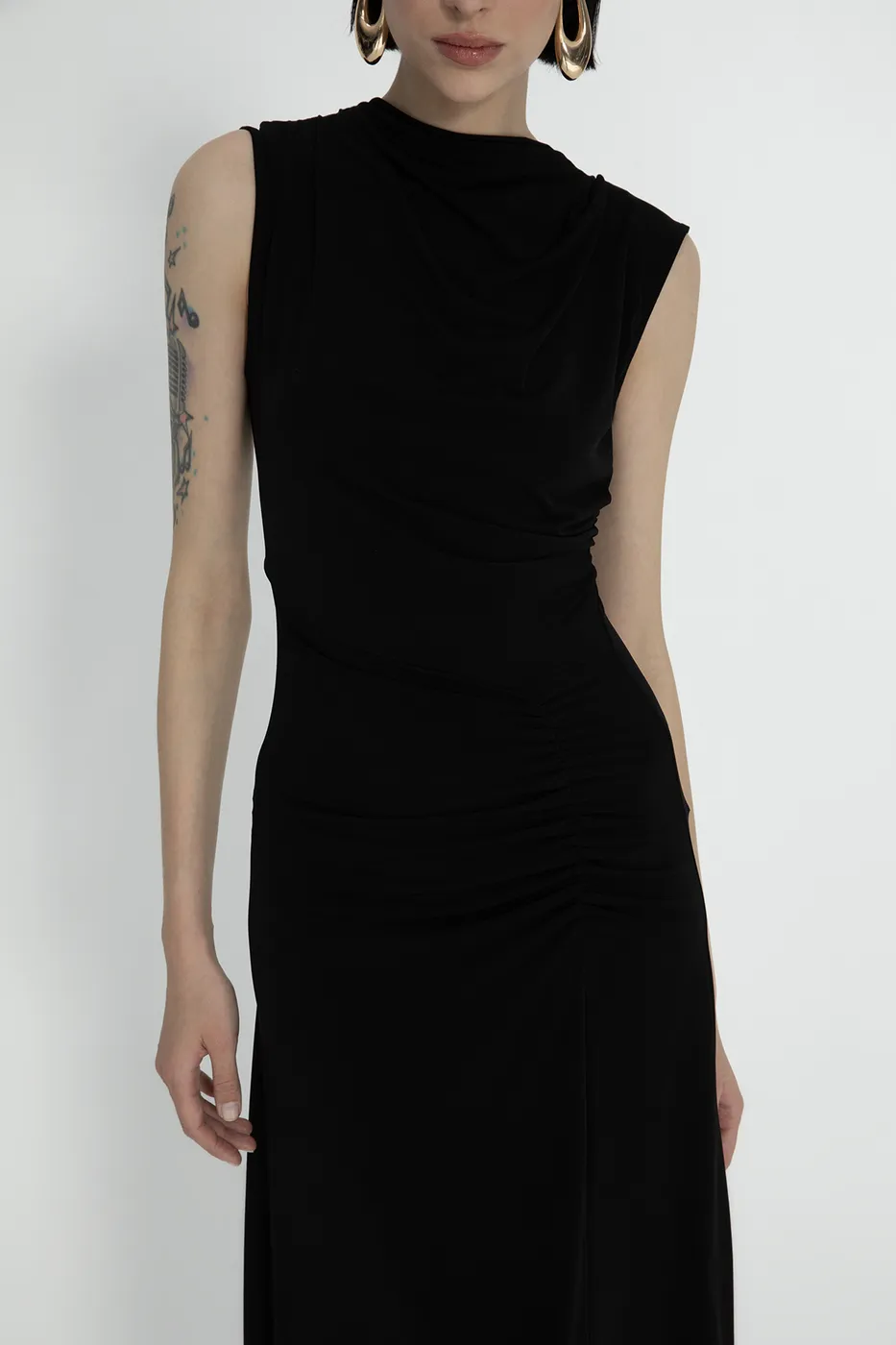 Bayan Siyah Dik Yaka Degaje Yakalı  Midi Elbise