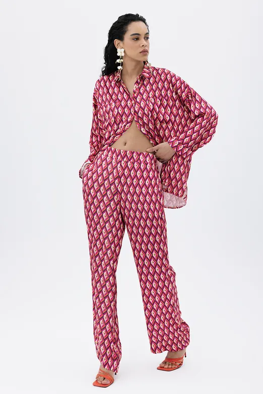 Bayan Fuşya Yüksek Bel Düz Kesim Saten Pantolon - BSL