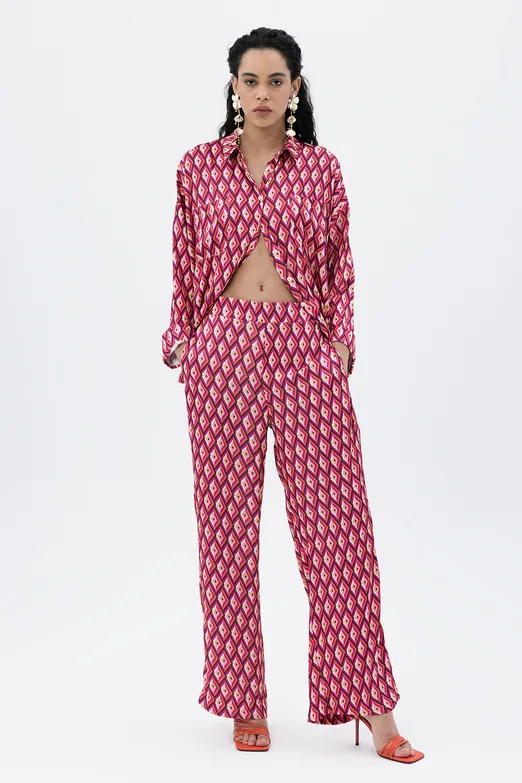 Bayan Fuşya Yüksek Bel Düz Kesim Saten Pantolon - BSL