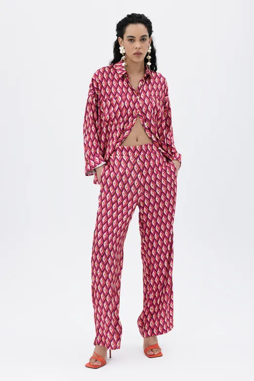 Bayan Fuşya Yüksek Bel Düz Kesim Saten Pantolon - BSL