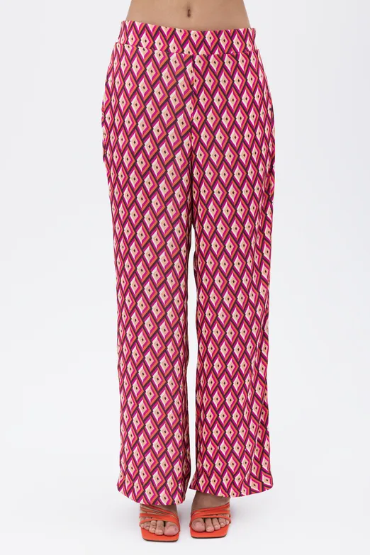 Bayan Fuşya Yüksek Bel Düz Kesim Saten Pantolon - BSL