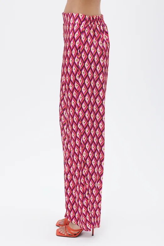 Bayan Fuşya Yüksek Bel Düz Kesim Saten Pantolon - BSL