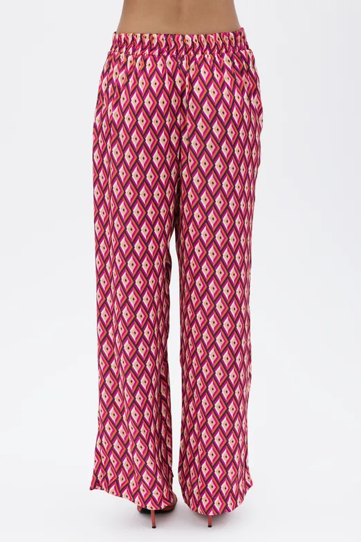 Bayan Fuşya Yüksek Bel Düz Kesim Saten Pantolon - BSL