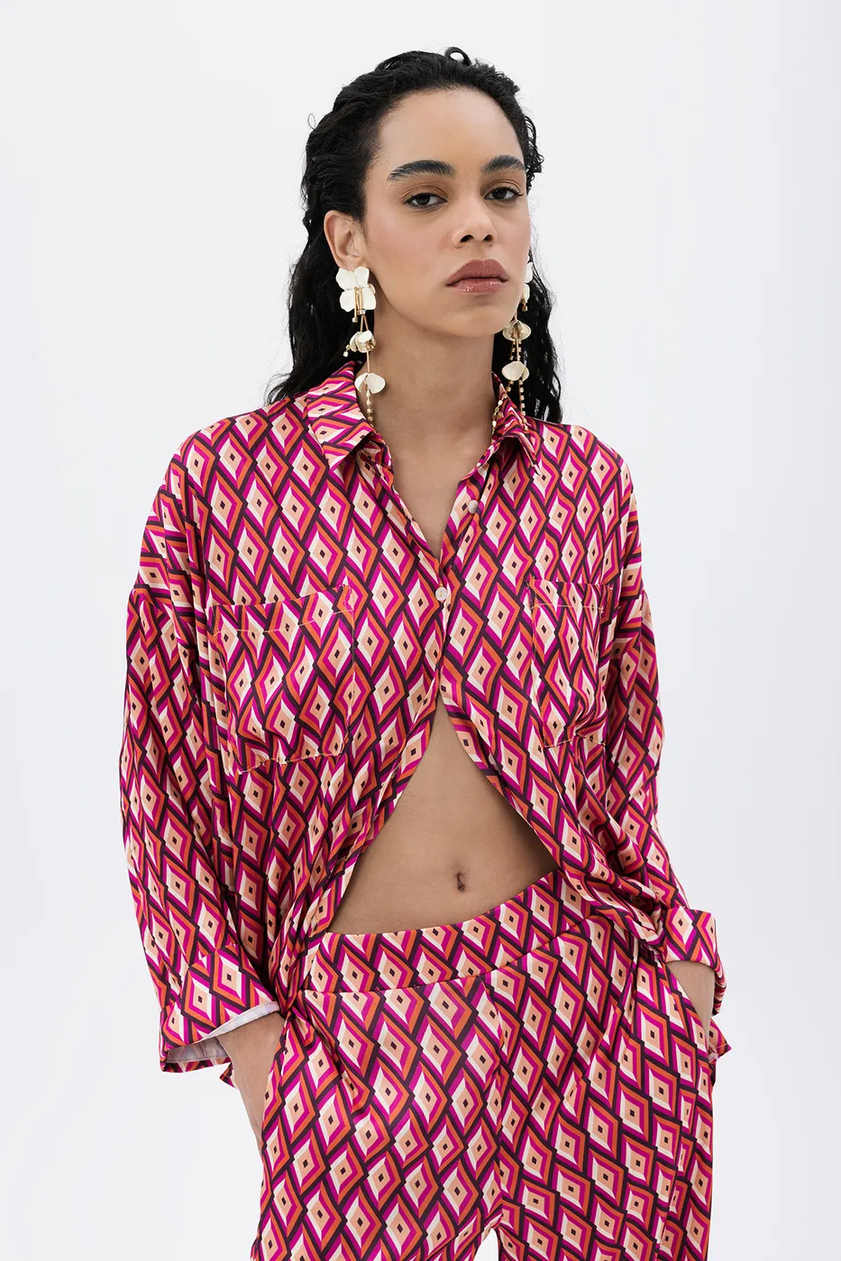 Bayan Fuşya Oversize Saten Gömlek
