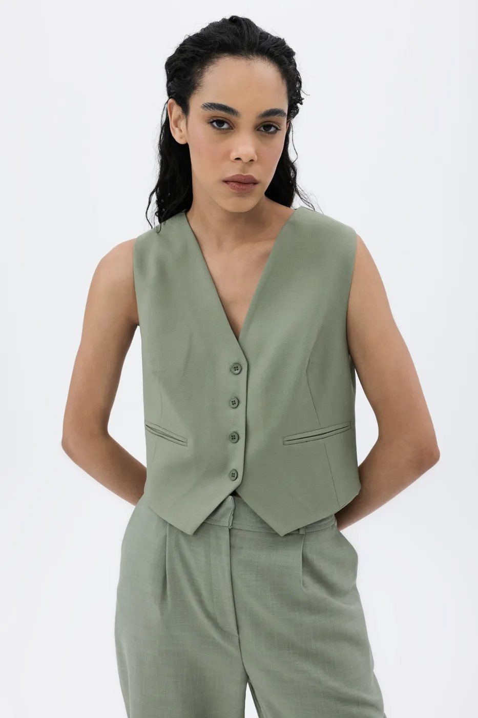 Bayan Haki Düğmeli Fit Yelek