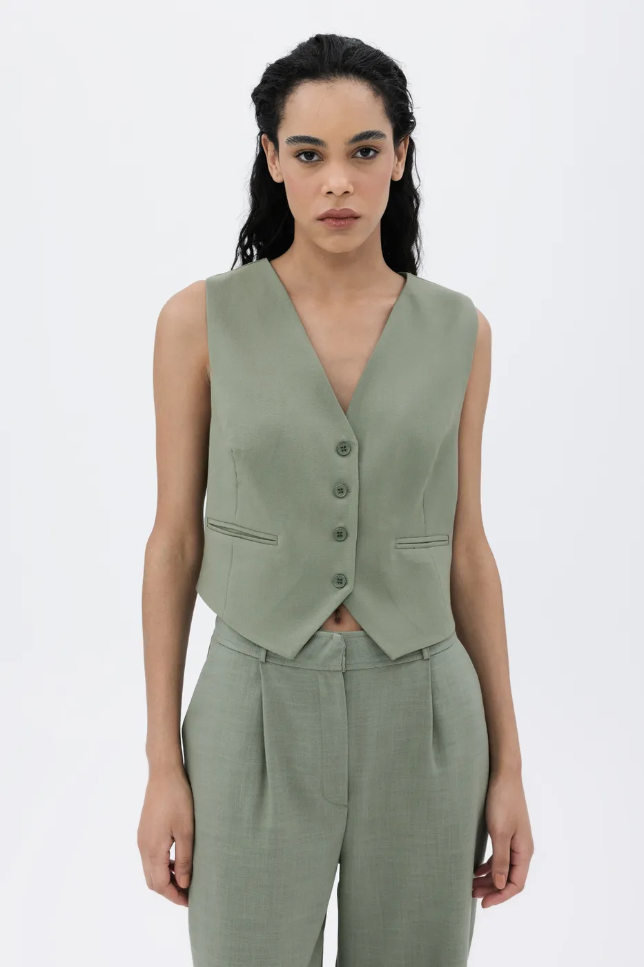 Bayan Haki Düğmeli Fit Yelek