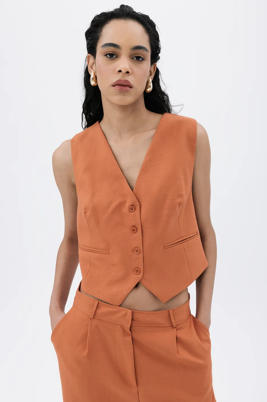 Bayan Tarçın Düğmeli Fit Yelek